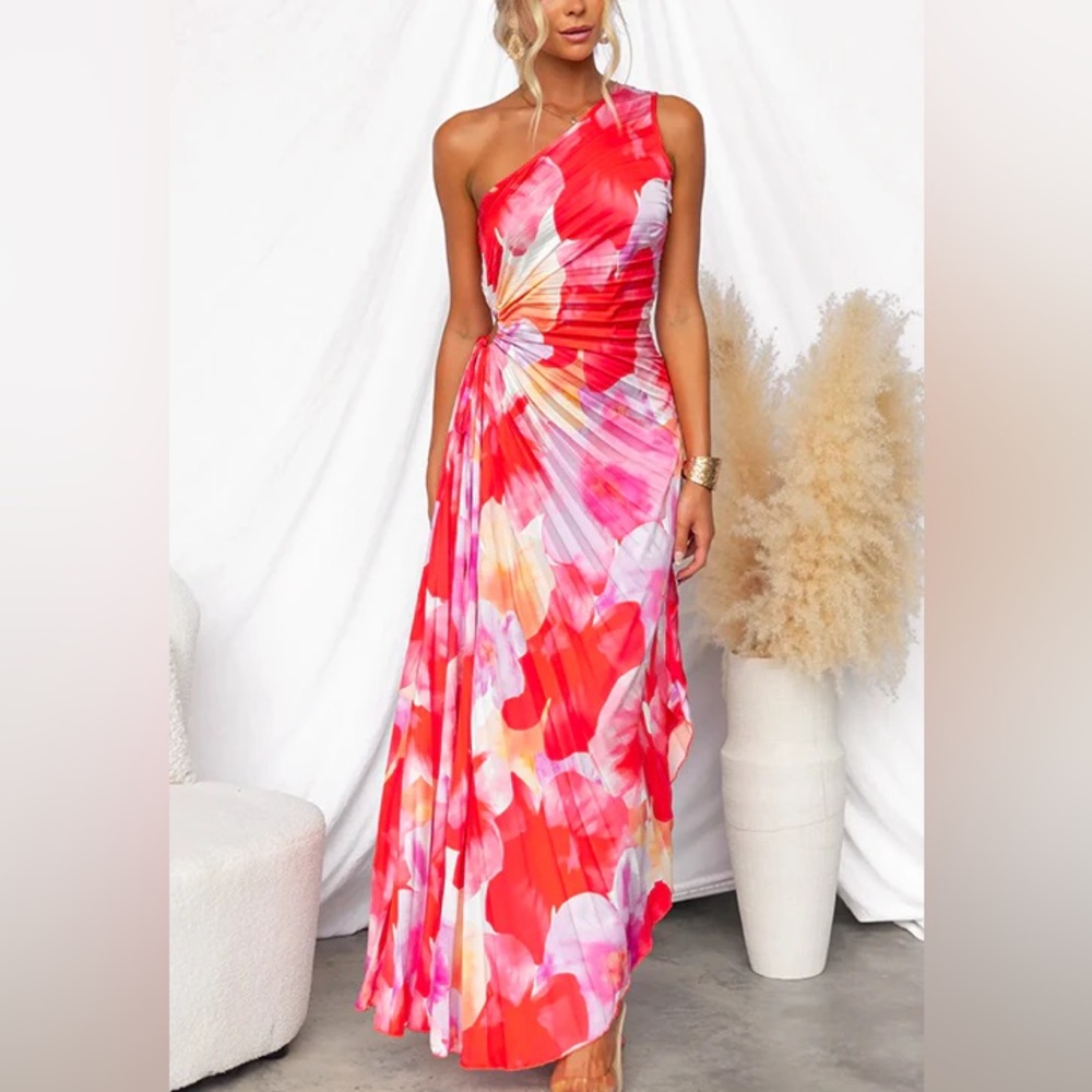 One Shoulder Sleeveless Print Asymmetric Maxi Pleated Dress